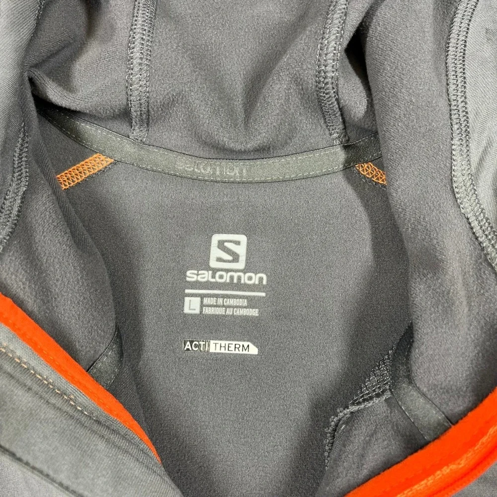 Salomon ActiTherm Mens Large Grey 1/4 Zip Hooded Pullover Jacket Orange Trim